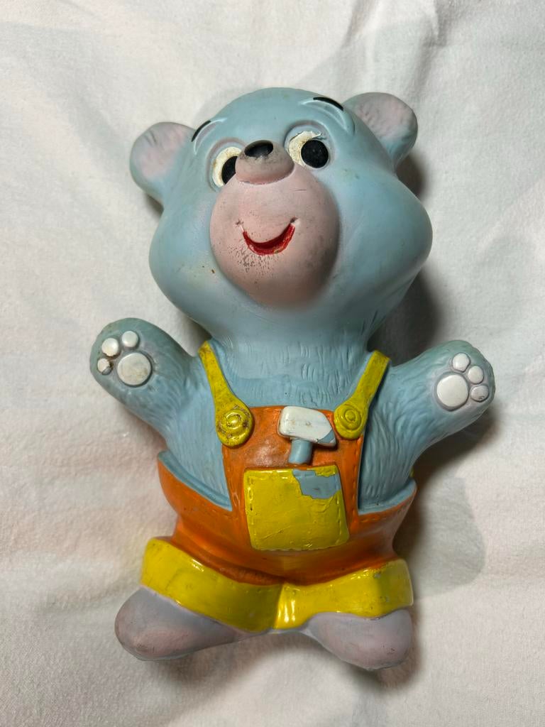 Vintage piep beest jaren ‘60, Blauwe beer in tuinbroek, Antiek en Kunst, Antiek | Speelgoed, Ophalen of Verzenden