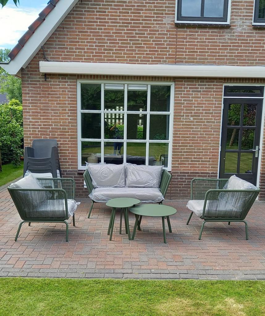 Loungeset tuinset Intratuin groen met kussens, Tuin en Terras, Ophalen, 4 zitplaatsen, Kunststof, Gebruikt