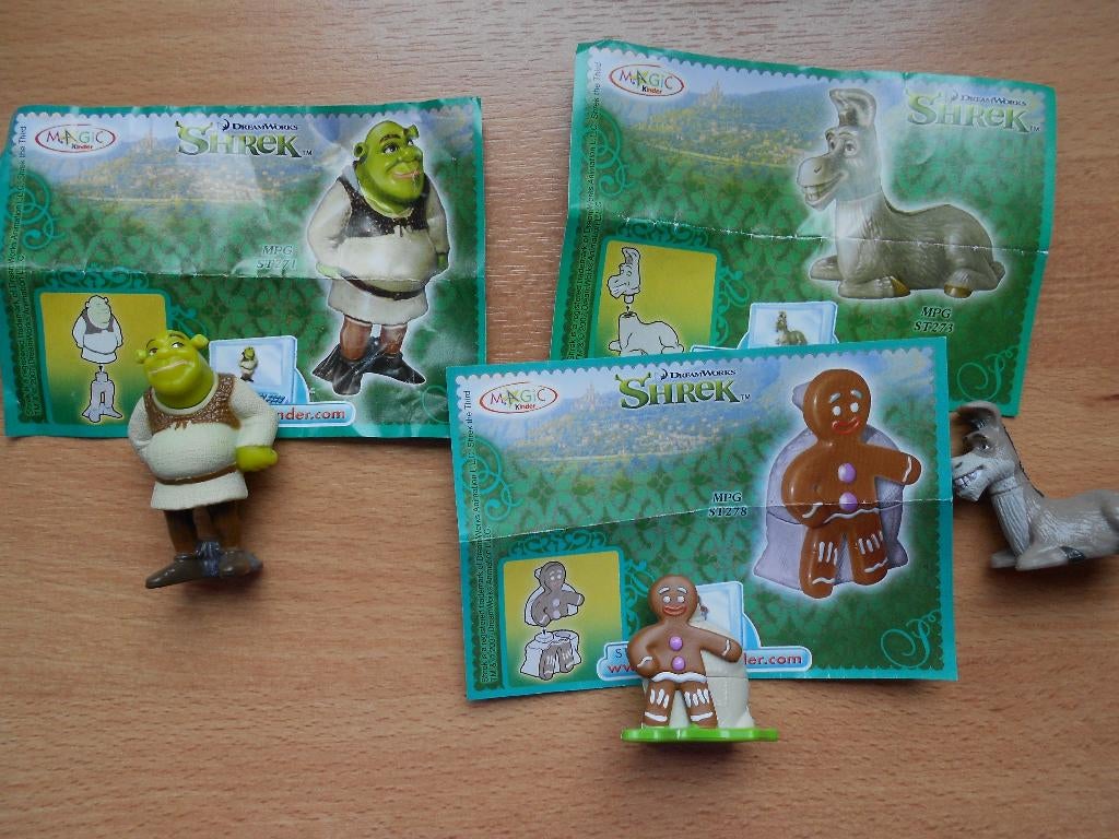 3 figuurtjes Shrek Donkey Cookie uit verrassingsei, Verzamelen, Ophalen, Gebruikt, Steekfiguren