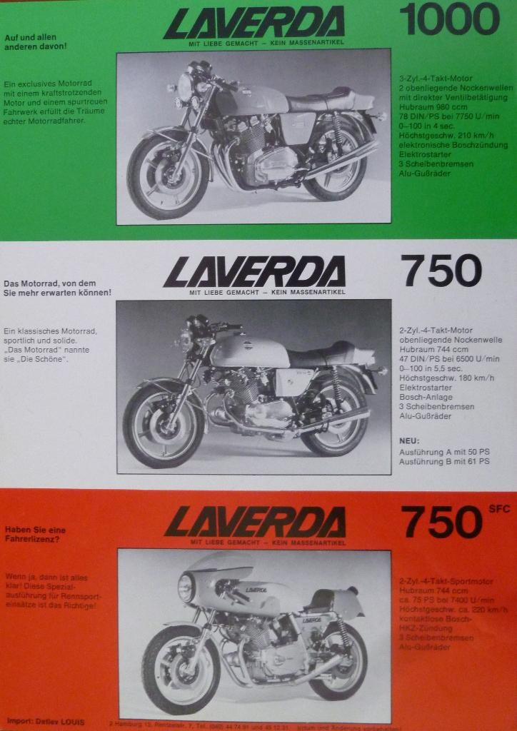 Folder LAVERDA 1000/ 750/ 500/ 250/ 125 1977, Motoren, Handleidingen en Instructieboekjes, Ophalen of Verzenden, Overige merken