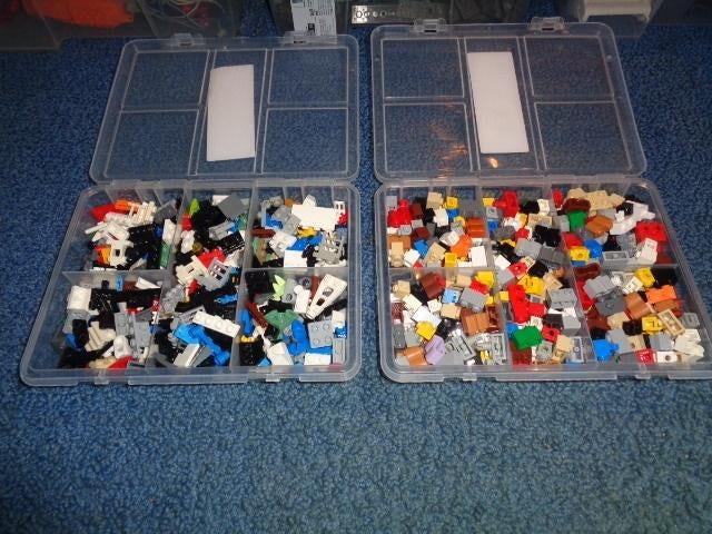 Partij M494=2x bakjes met Lego aangepast 1x1+1x2, Lego, Lego, Gebruikt, Lego