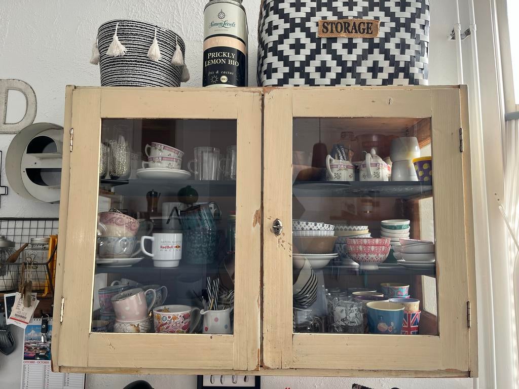 Vintage hangvitrinekast crème/zwart - 100x35 cm, Ophalen, Gebruikt, 50 tot 100 cm, Landelijk