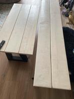 Set van 2 robuuste houten bankjes met metalen onderstel, Huis en Inrichting, Tafels | Salontafels, Minder dan 50 cm, Gebruikt