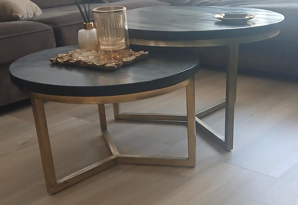 Set van 2 ronde salontafels, zwart met goudkleurig onderstel, Ophalen, 50 tot 100 cm, Overige materialen, Rond