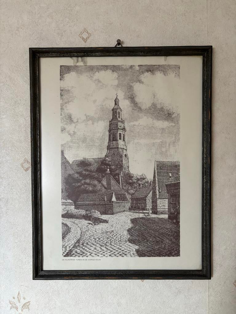 De Nijkerkse Toren in de vorige eeuw, Antiek en Kunst, Kunst | Etsen en Gravures, Ingelijst, Ets, Architectuur, Ophalen of Verzenden