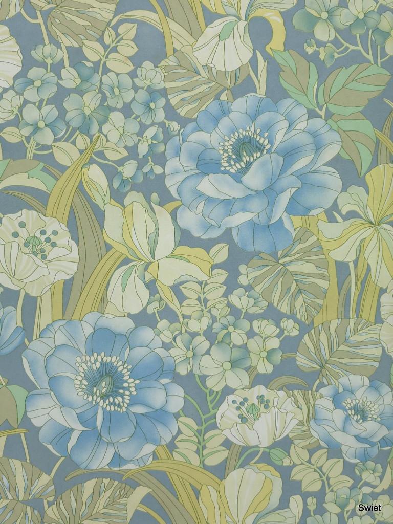 14157 vintage bloemen behang in blauwtinten en crème swiet, Ophalen of Verzenden, Minder dan 10 m², Blauw