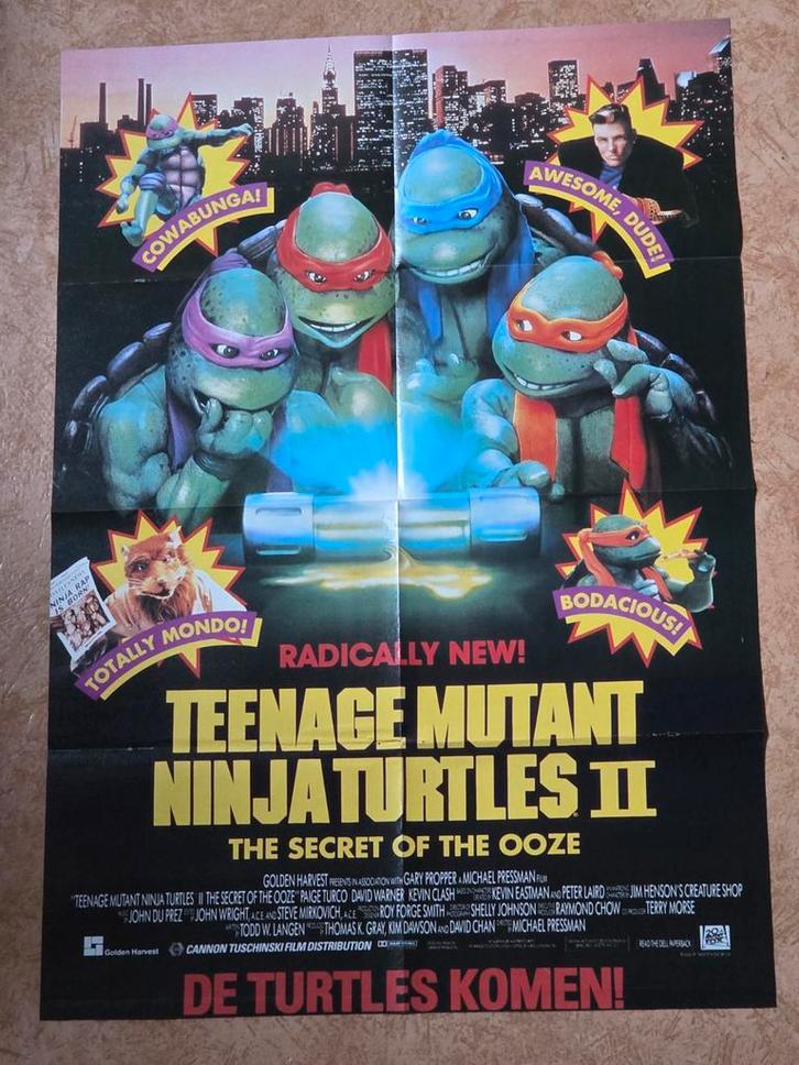 Poster van film: Teenage Mutant Ninja Turtles II uit 1991, Verzamelen, Film en Tv, Poster, Ophalen of Verzenden