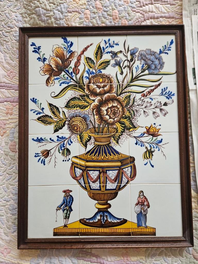 Uniek Makkumer Tegeltableau - Handgeschilderd Bloemenvaas, Antiek en Kunst, Antiek | Wandborden en Tegels, Ophalen
