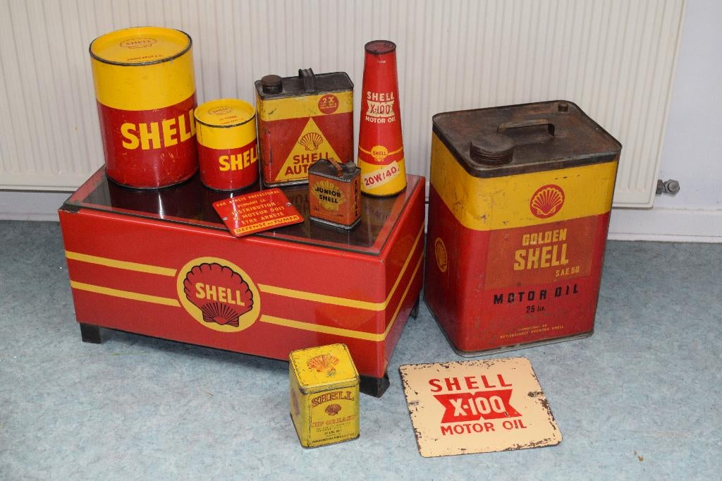 verzameling emaillebord olie blik shell reclamebord, Ophalen of Verzenden, Gebruikt, Reclamebord