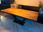 Massief eikenhouten eettafel met stalen onderstel, Ophalen, Gebruikt, Eikenhout, 200 cm of meer