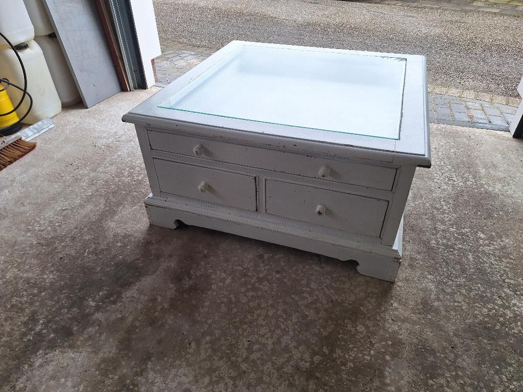 Brocante salontafel met veel opslagruimte, Ophalen, Gebruikt, 50 tot 75 cm, Glas