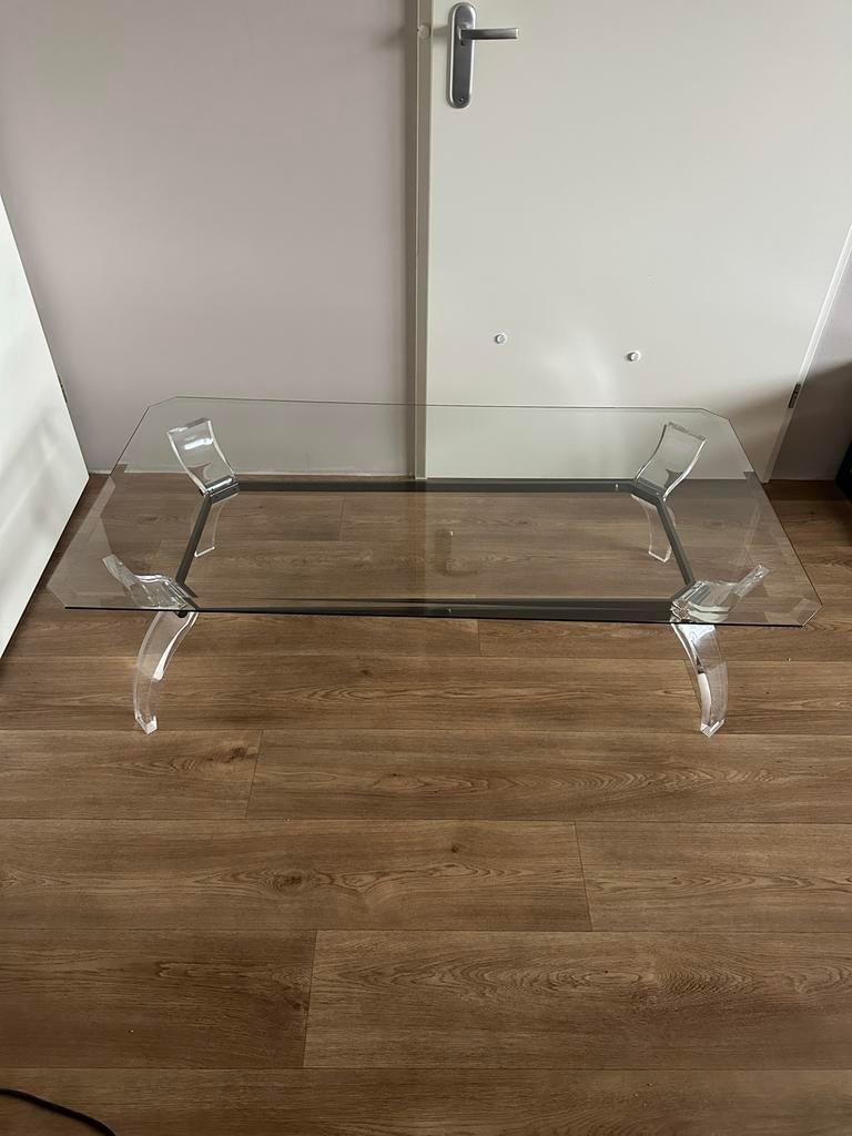 Design Salontafel Glas met Plexiglas Onderstel, Huis en Inrichting, Tafels | Salontafels, Ophalen, Gebruikt, 100 tot 150 cm, 50 tot 100 cm