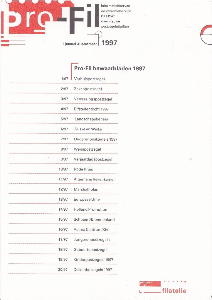 Pro-Fil bladen – jaargang 1997 – 21 bladen, Postzegels en Munten, Postzegels | Nederland, Verzenden, Na 1940, Gestempeld