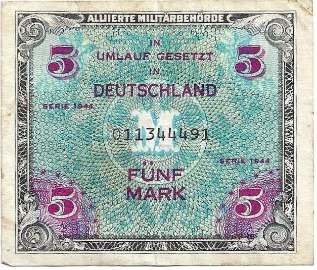 Duitsland 5 mark 1944 Geallieerde bezetting, Ophalen of Verzenden, Duitsland, Los biljet