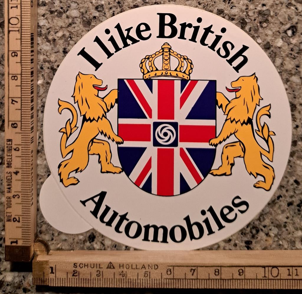 Vintage sticker I like British Automobiles Union Jack leeuw, Ophalen of Verzenden, Zo goed als nieuw