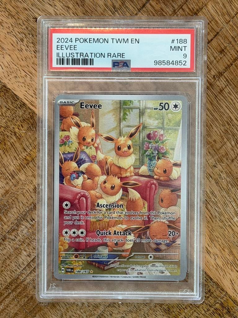 2024 pokemon TWM 188/167 EEVEE PSA 9 (engels), Hobby en Vrije tijd, Verzamelkaartspellen | Pokémon, Ophalen of Verzenden, Zo goed als nieuw