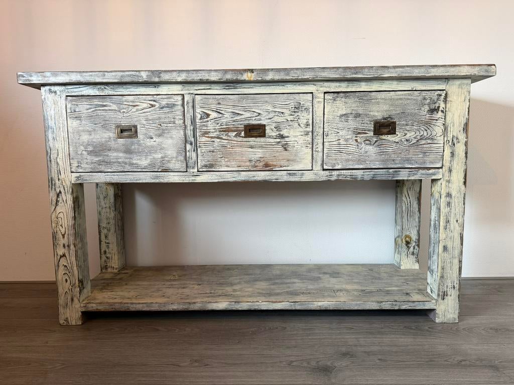 Stoere houten dressoirkast / sidetable met 3 lades (Loods 5), Huis en Inrichting, Tafels | Sidetables, 100 tot 150 cm, Ophalen of Verzenden