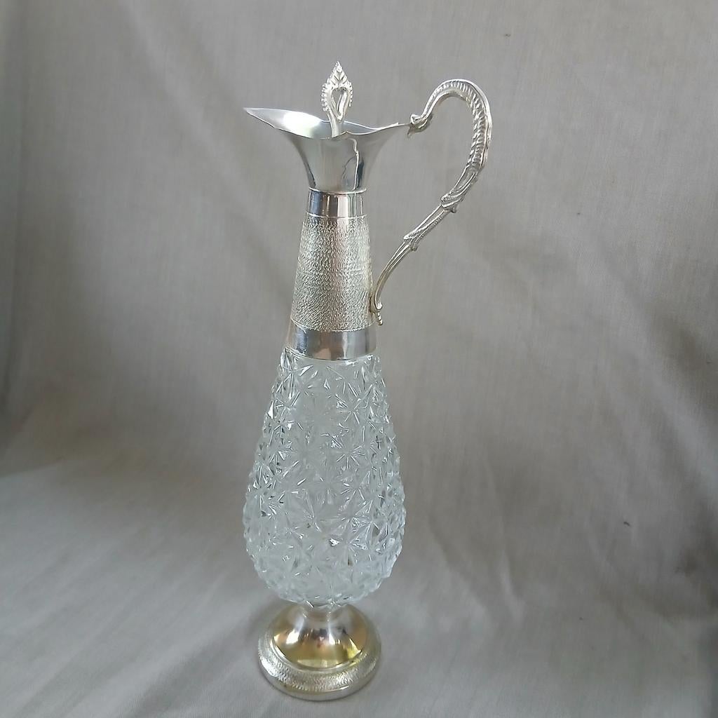 Vintage glazen met metalen karaf "verzilverd", Ophalen of Verzenden