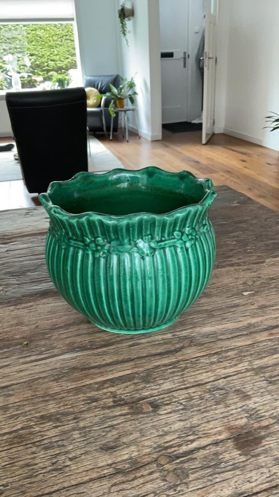 Mooie vintage groene bloempot., Gebruikt, Rond, Binnen, Ophalen of Verzenden