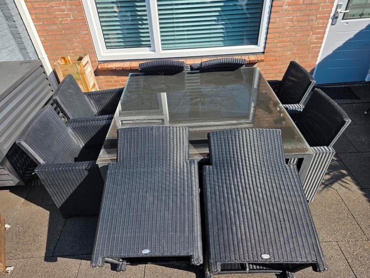 Tuinset: 8 stevige stoelen en (glazen) tafel (150x150 cm), Tuin en Terras, Tuinstoelen, Gebruikt, Wicker, Ophalen