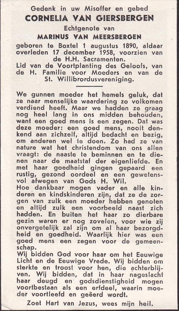 Giersbergen Cornelia 1890 Boxtel 1958, Ophalen, Bidprentje