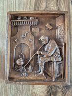 Vintage Houten Wanddecoratie: Man met Pijp bij Open Haard, Verzenden