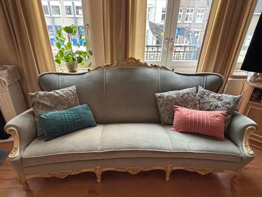 Barok 3-zitsbank met gouden details en stof, Huis en Inrichting, Ophalen, Driepersoons, 75 tot 100 cm, Zo goed als nieuw