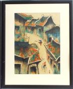 Schilderij Het Vietnamees straatbeeld aquarel op rijstpapier, Antiek en Kunst, Ophalen of Verzenden