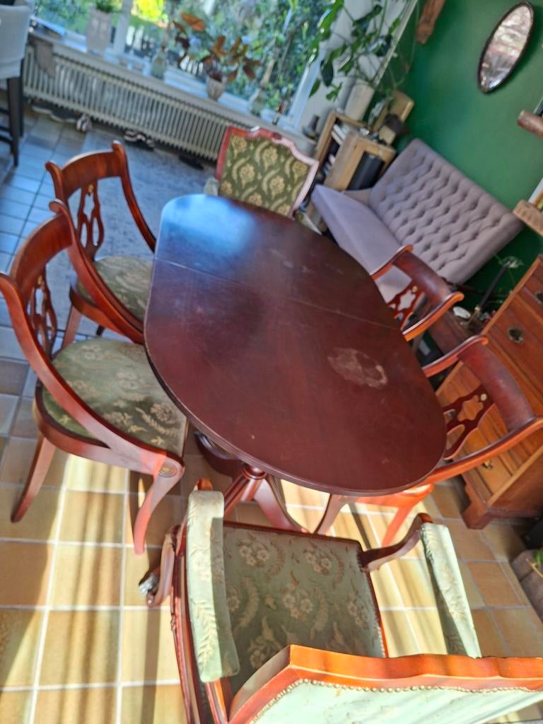 Antieke eettafel met 6 stoelen - Mahoniehout, Antiek en Kunst, Antiek | Meubels | Tafels, Ophalen