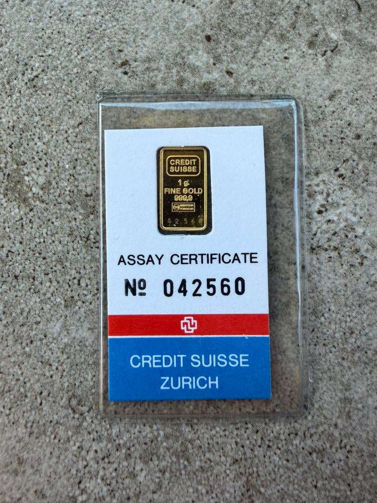 1 gram goudbaar Credit Suisse, Postzegels en Munten, Edelmetalen en Baren, Verzenden, Goud