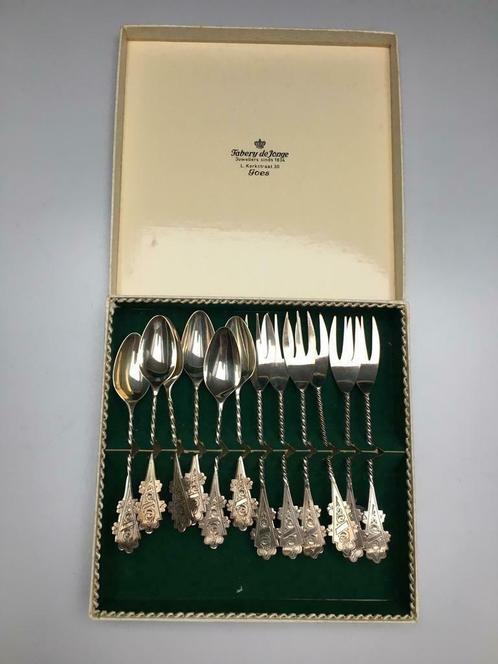 Zilveren theelepels(6) en gebaksvorkjes(6) model Hanekam, Antiek en Kunst, Antiek | Goud en Zilver, Zilver, Ophalen of Verzenden