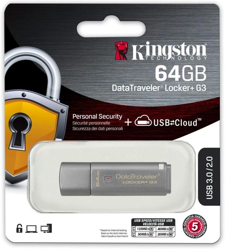 Kingston DataTraveler Locker+ G3 64GB USB 3.0/2.0 - NIEUW, Computers en Software, USB Sticks, Nieuw, 64 GB, Ophalen of Verzenden