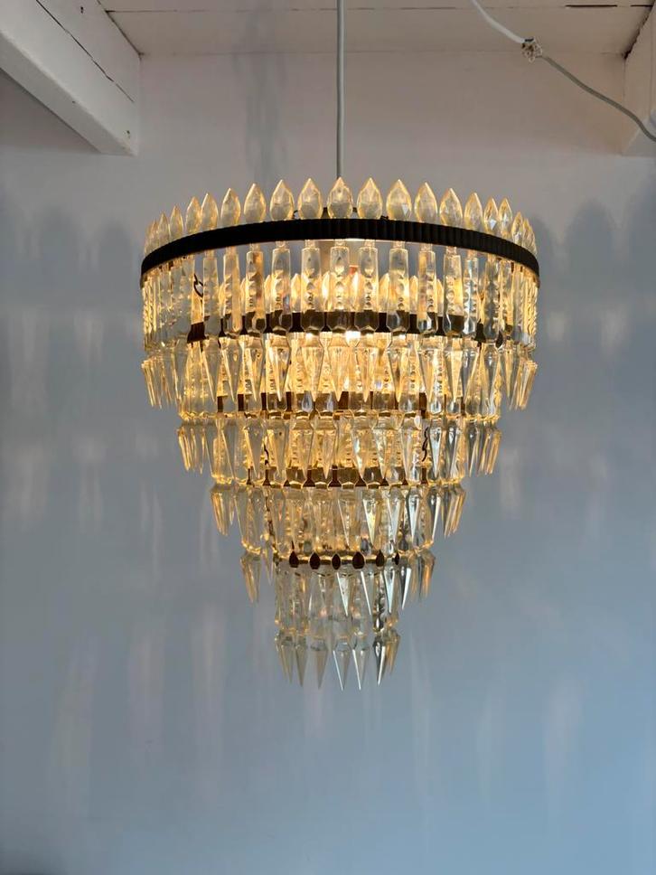 Leuke vintage hanglamp, kroonluchter, metaal en kunststof, Huis en Inrichting, Lampen | Kroonluchters, Gebruikt, Kunststof, Metaal