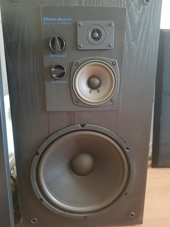 2 geluids boxen omni audio 3 way speaker system, Audio, Tv en Foto, Luidsprekers, Gebruikt, Front, Rear of Stereo speakers, 120 watt of meer