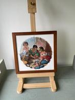 Vintage tableau van 4 tegels Murillo - dobbelende kinderen., Antiek en Kunst, Ophalen