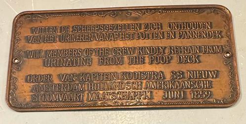 Koperen bordje Scheepsgezellen urineren Holland Amerika, Verzamelen, Overige Verzamelen, Zo goed als nieuw, Ophalen of Verzenden