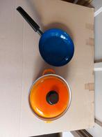 oranje emaille pan 20 cm en blauwe koekenpan 20 cm, Ophalen, Zo goed als nieuw, Overige materialen, Koekenpan of Braadpan