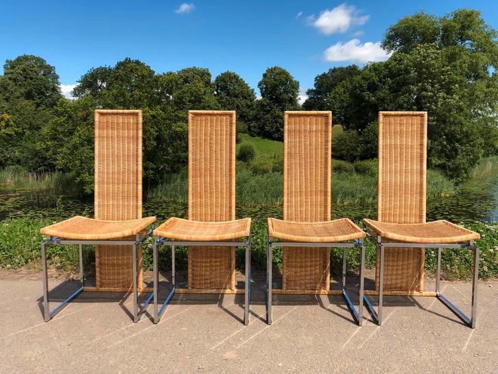 4 italian design eetkamerstoelen | chroom rotan pitriet, Huis en Inrichting, Stoelen, Zo goed als nieuw, Vier, Metaal, Riet of Rotan