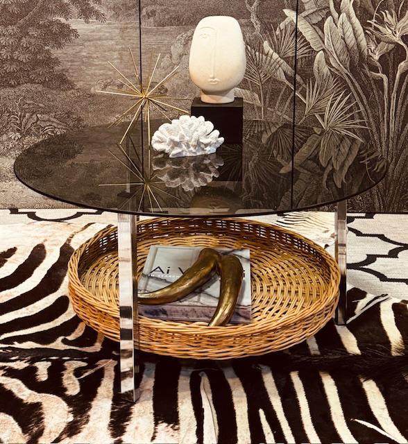 VINTAGE SPACE AGE SALONTAFEL KOFFIETAFEL CHROOM ROTAN MAND, Verzamelen, Retro, Huis en Inrichting, Ophalen