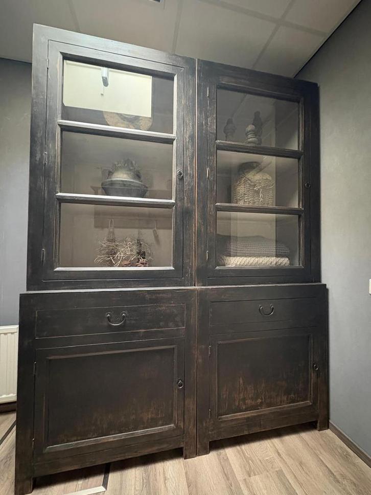 2x vitrinekast china old black, Huis en Inrichting, Kasten | Vitrinekasten, Zo goed als nieuw, 200 cm of meer, 50 tot 100 cm, 25 tot 50 cm
