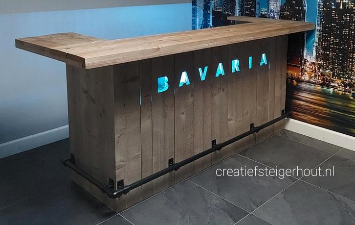 Bar van steigerhout letters BAVARIA steigerbuizen thuis kast, Huis en Inrichting, Overige Huis en Inrichting, Nieuw, Ophalen of Verzenden