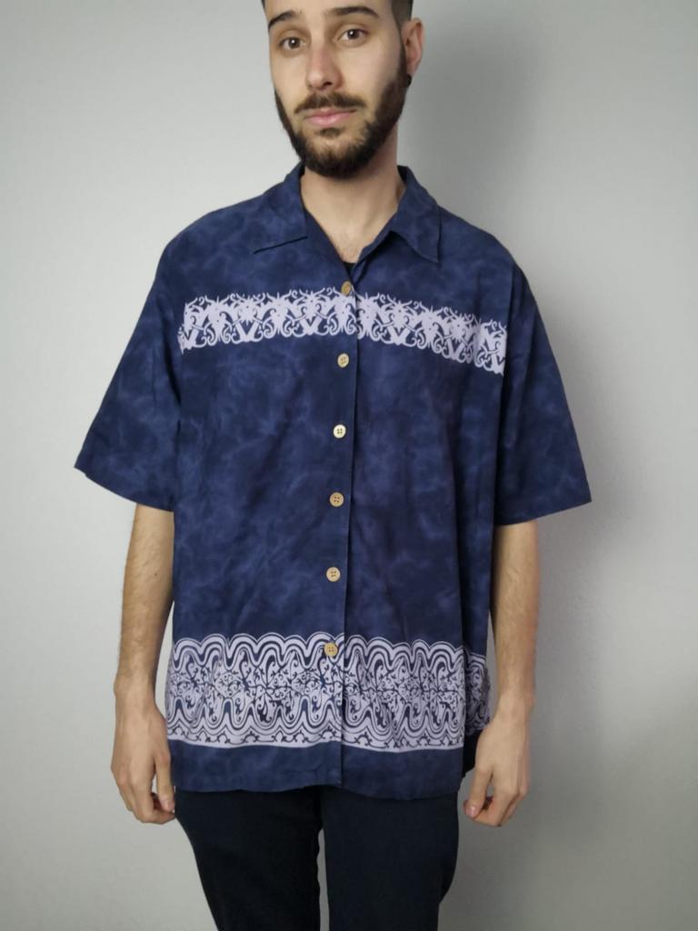 Vintage 90's hawaii shirt / overhemd / print / blauw / L-XL, Kleding | Heren, Overhemden, Gedragen, Halswijdte 41/42 (L), Blauw