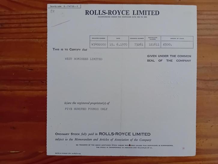 Aandeel Rolls-Royce - 1970, Verzamelen, Automerken, Motoren en Formule 1, Gebruikt, Auto's, Ophalen of Verzenden