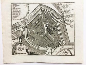 Gouda, gedetailleerde kopergravure van de stad Gouda, 1740. beschikbaar voor biedingen