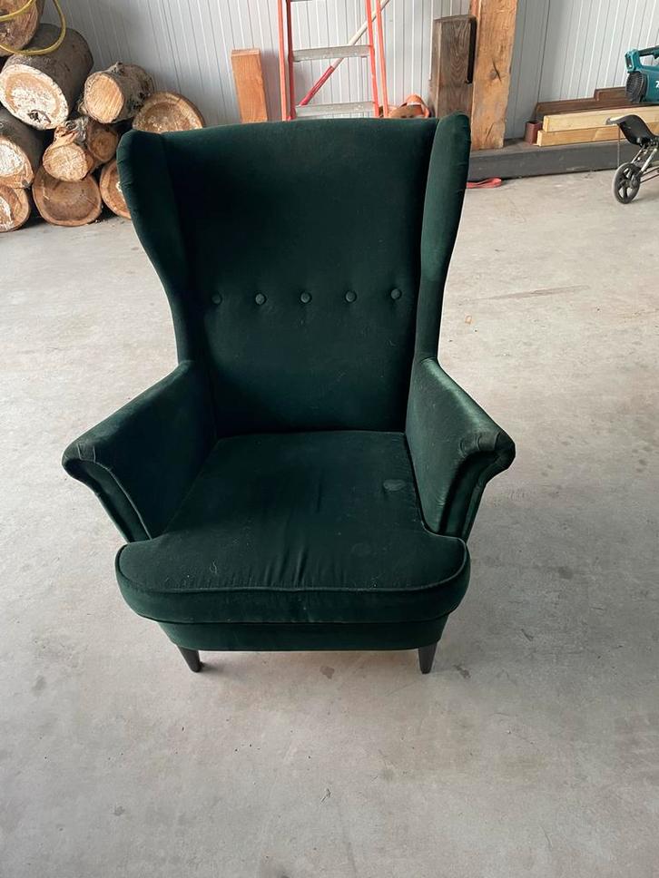 IKEA Strandmon Oorfateuil + Voetenbankje Donkergroen, Huis en Inrichting, Fauteuils, Gebruikt, Stof, 75 tot 100 cm, Ophalen