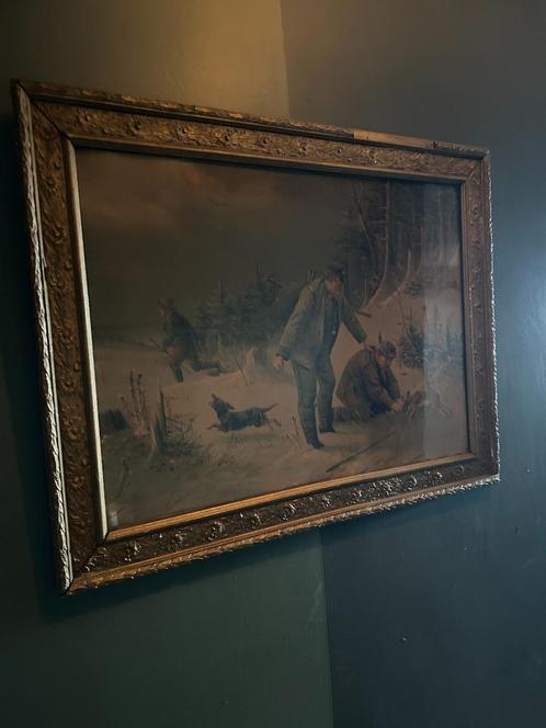 Een oude prent met een jachttafereel in een mooie lijst, Antiek en Kunst, Kunst | Schilderijen | Klassiek, Ophalen