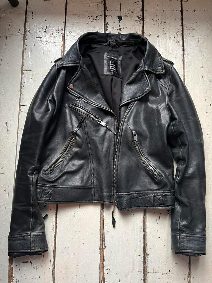 ZARA Trafaluc black leather bikerjacket / zwarte leren jas, Kleding | Dames, Jassen | Winter, Gedragen, Maat 42/44 (L), Zwart