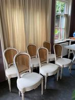 6 eetkamerstoelen, hout, stoffen bekleding, rotan rugleuning, Huis en Inrichting, Stoelen, Ophalen, Gebruikt, Wit, Vijf, Zes of meer stoelen