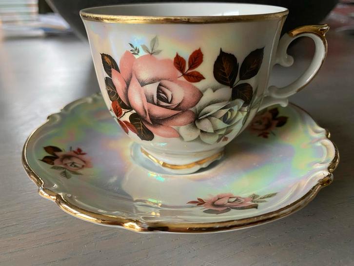 Vintage parelmoer Bavaria Kop en Schotel met Rozen, Antiek en Kunst, Antiek | Servies compleet, Ophalen of Verzenden