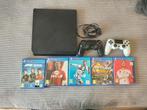 PS4 (Slim) met 2 controllers en 5 spellen, Spelcomputers en Games, Ophalen of Verzenden, Zo goed als nieuw, Met 2 controllers